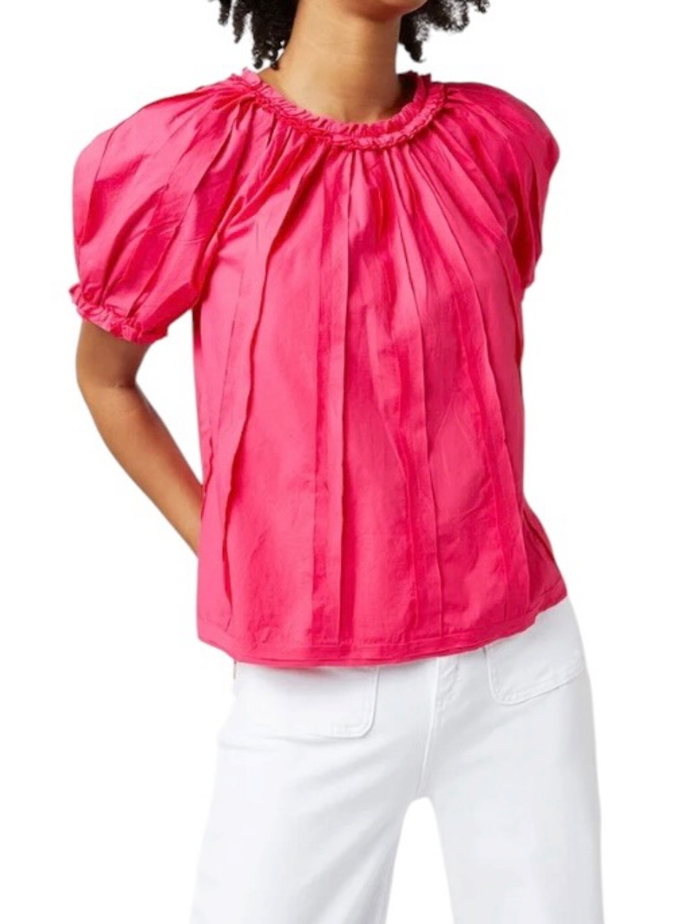 Ulla Johnson Lora Cotton Pleated Detail Puff Sleeve Ruffle Top, Size 2